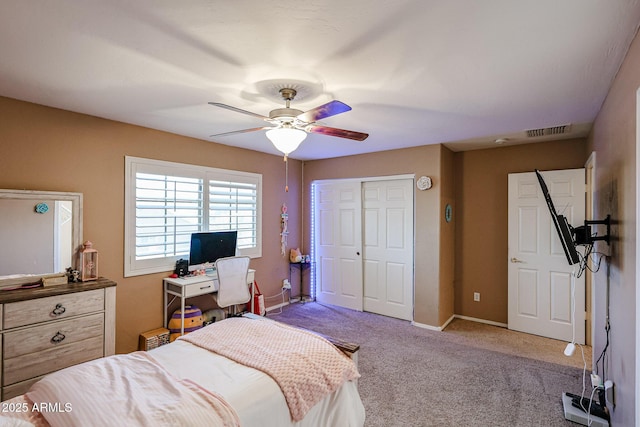 2886 E Hazeltine Way, Chandler, AZ 85249 - bedroom with ceiling fan, carpet floors, baseboards, visible vents, and a closet