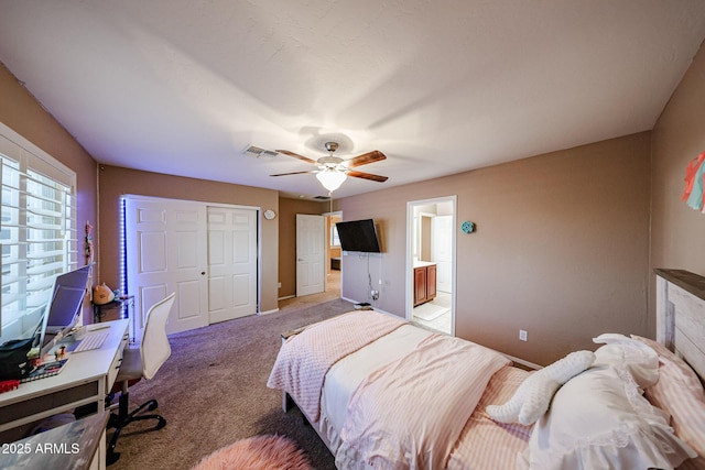2886 E Hazeltine Way, Chandler, AZ 85249 - bedroom featuring visible vents, a closet, light carpet, ceiling fan, and connected bathroom