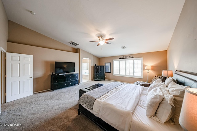 2886 E Hazeltine Way, Chandler, AZ 85249 - bedroom featuring carpet floors, vaulted ceiling, arched walkways, and visible vents