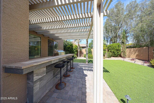 2886 E Hazeltine Way, Chandler, AZ 85249 - view of patio with a fenced backyard, outdoor dry bar, and a pergola