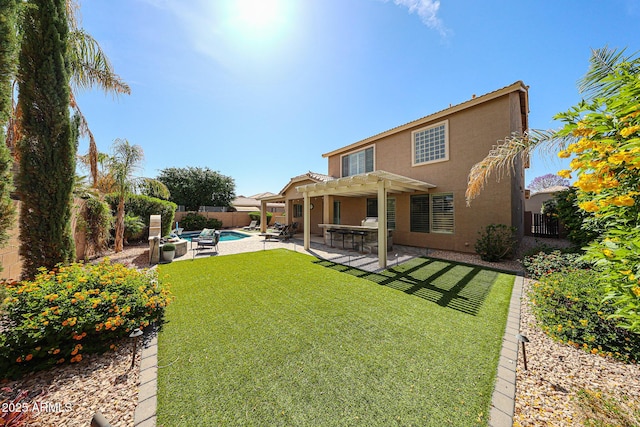 2886 E Hazeltine Way, Chandler, AZ 85249 - rear view of property featuring a pergola, stucco siding, a fenced backyard, a fenced in pool, and a lawn