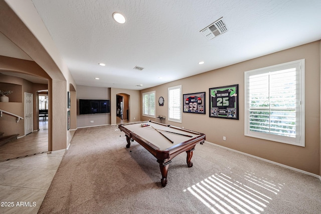 2886 E Hazeltine Way, Chandler, AZ 85249 - recreation room with arched walkways, baseboards, pool table, and visible vents