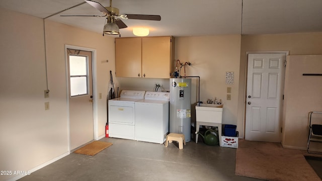 clothes washing area with sink, water heater, ceiling fan, independent washer and dryer, and cabinets