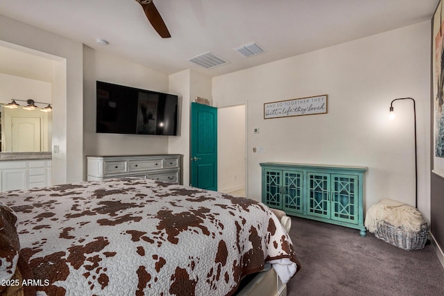 carpeted bedroom with ceiling fan and connected bathroom