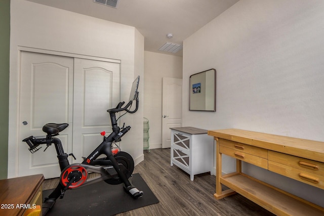 workout area featuring dark hardwood / wood-style floors