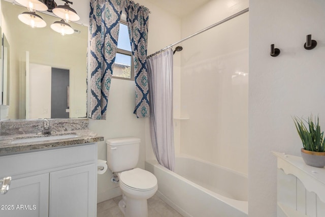 full bathroom featuring toilet, tile patterned flooring, shower / bathtub combination with curtain, and vanity