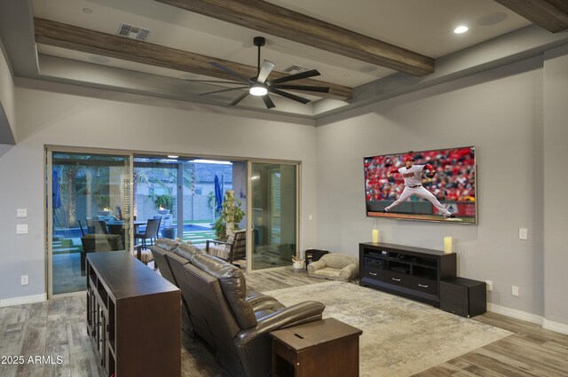 18175 W Highland Ave, Goodyear, AZ 85395 - living area featuring ceiling fan, beam ceiling, baseboards, wood finished floors, and visible vents