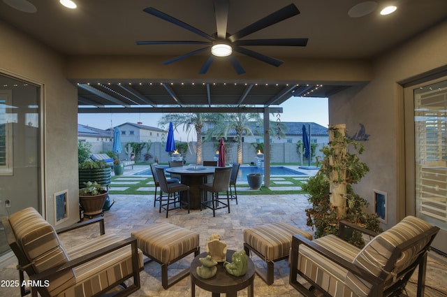 18175 W Highland Ave, Goodyear, AZ 85395 - view of patio / terrace featuring a fenced backyard, a ceiling fan, a pool, and an outdoor living space