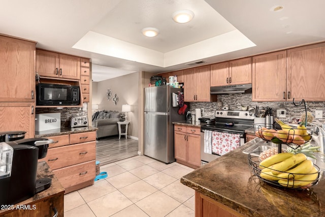 19258 N 20th Dr, Phoenix, AZ 85027 - kitchen with a tray ceiling, tasteful backsplash, under cabinet range hood, and appliances with stainless steel finishes