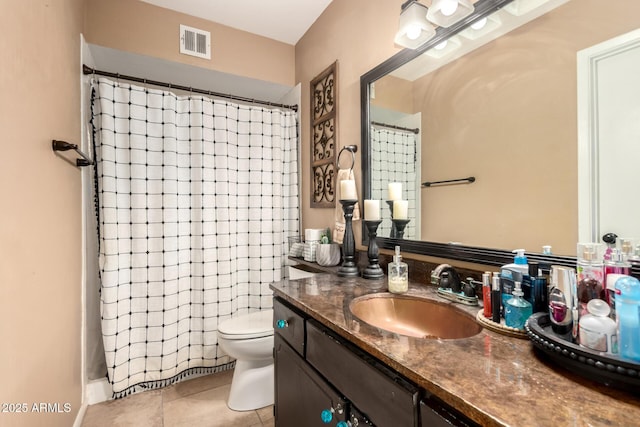 19258 N 20th Dr, Phoenix, AZ 85027 - bathroom featuring visible vents, toilet, vanity, a shower with curtain, and tile patterned flooring