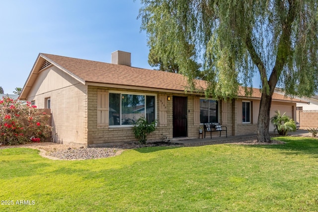 19258 N 20th Dr, Phoenix, AZ 85027 - ranch-style home featuring brick siding, a front yard, an attached garage, and a chimney