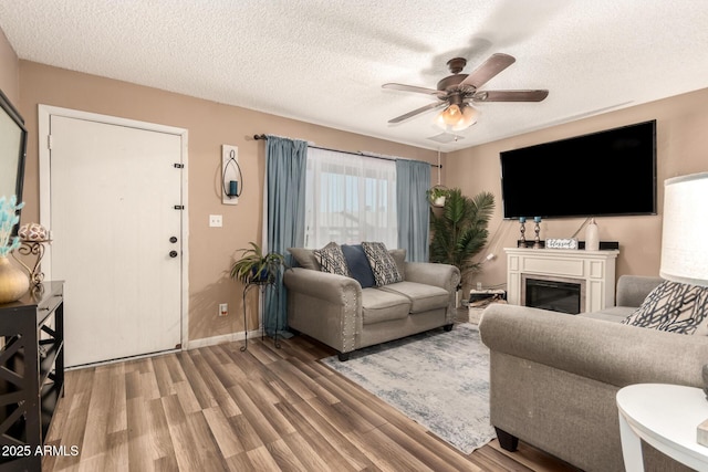 19258 N 20th Dr, Phoenix, AZ 85027 - living area featuring a textured ceiling, baseboards, ceiling fan, wood finished floors, and a glass covered fireplace