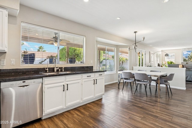 4563 E Libby St, Phoenix, AZ 85032 - kitchen featuring dishwasher, white cabinets, dark wood-style flooring, plenty of natural light, and recessed lighting