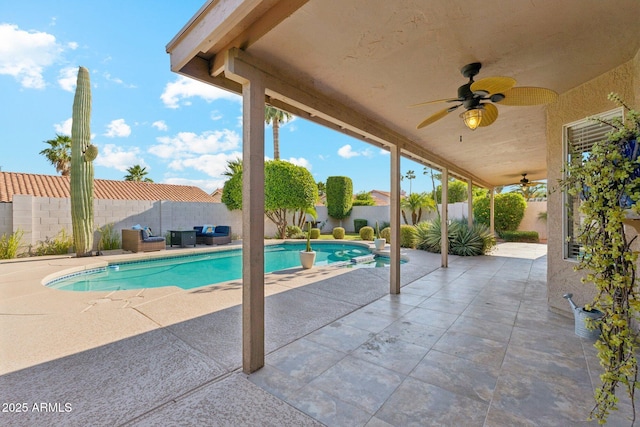 4563 E Libby St, Phoenix, AZ 85032 - view of swimming pool featuring an outdoor living space, a fenced backyard, a patio, and a ceiling fan