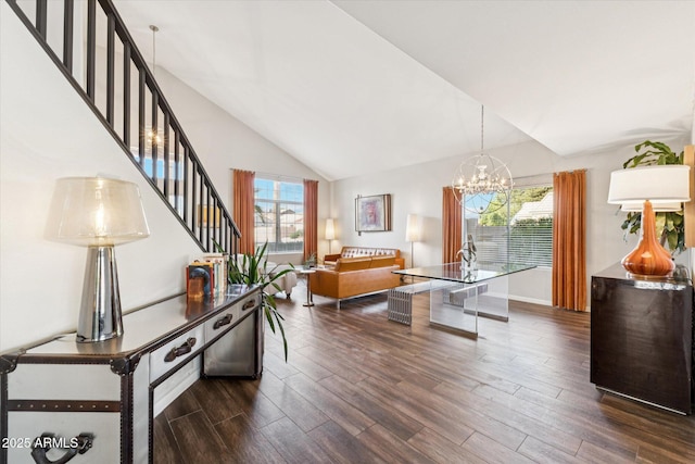 4563 E Libby St, Phoenix, AZ 85032 - interior space with stairs, dark wood-style floors, a chandelier, healthy amount of natural light, and vaulted ceiling