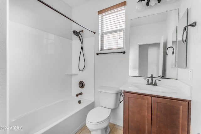 full bathroom with toilet, vanity, shower / bath combination, and tile patterned floors