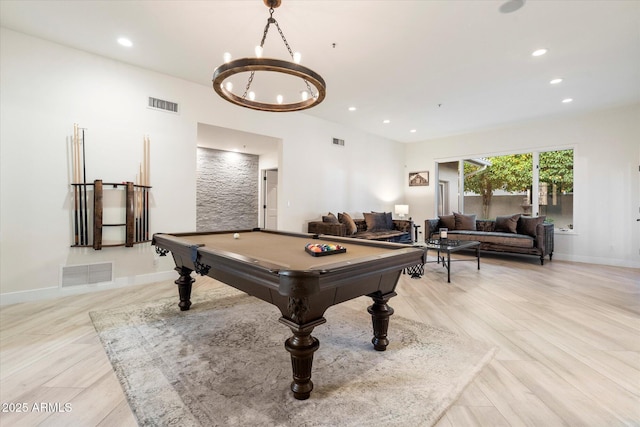 rec room featuring pool table, recessed lighting, and visible vents