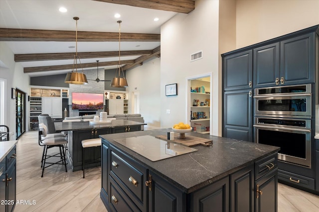 kitchen featuring a center island, open floor plan, double oven, white electric cooktop, and lofted ceiling with beams