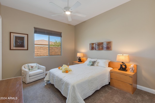 bedroom featuring carpet, baseboards, and ceiling fan