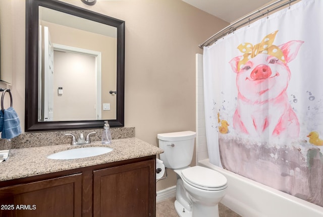 full bathroom with vanity, shower / bath combination with curtain, and toilet