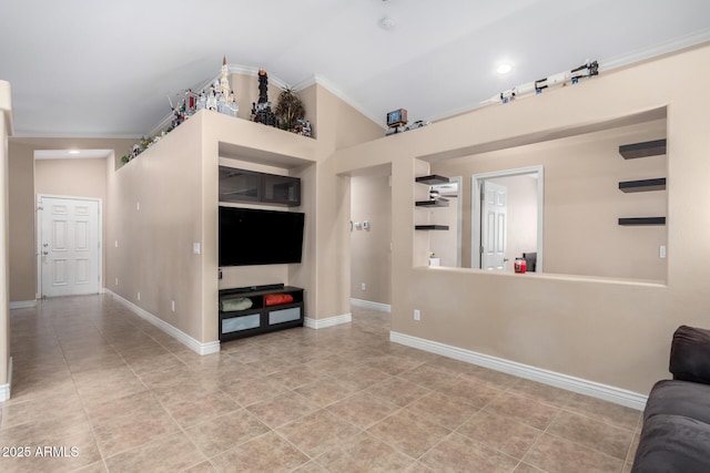 living room with lofted ceiling, ornamental molding, and light tile patterned floors