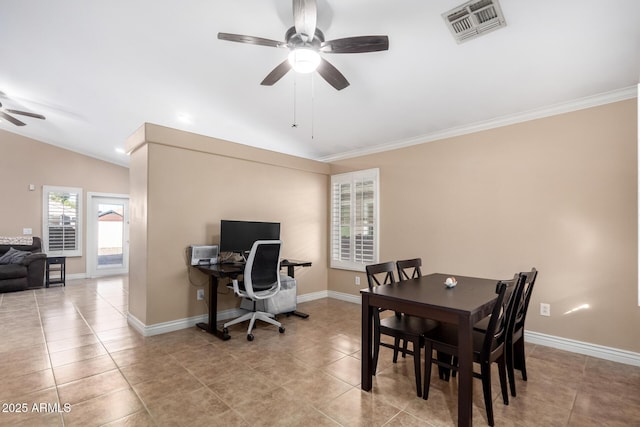 dining room with lofted ceiling, light tile patterned floors, ornamental molding, and ceiling fan