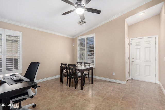 tiled dining space with crown molding, vaulted ceiling, and ceiling fan