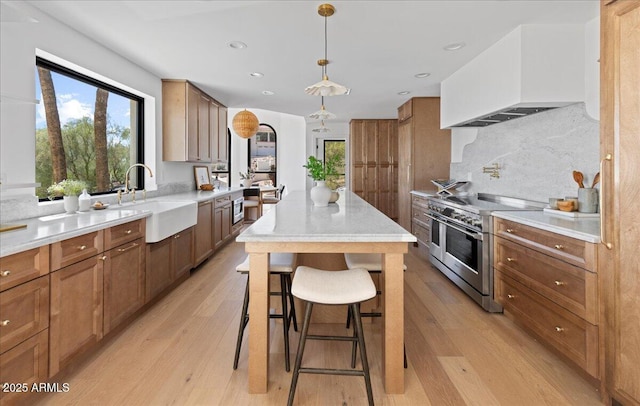 kitchen with light wood-style flooring, a center island, appliances with stainless steel finishes, a sink, and custom range hood