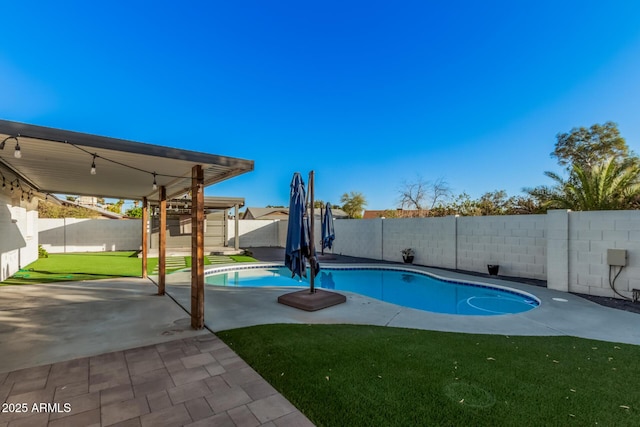 view of swimming pool featuring a patio area, a fenced backyard, a fenced in pool, and a lawn