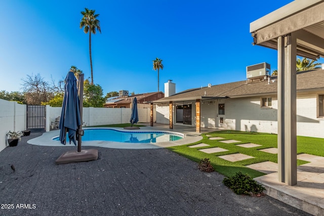 view of pool with a patio, central air condition unit, a fenced backyard, and a fenced in pool