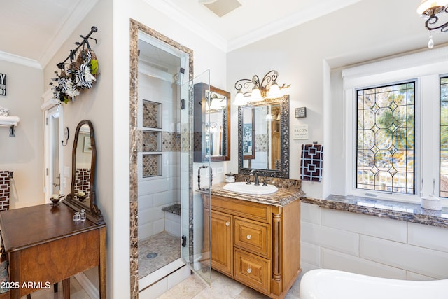 bathroom with visible vents, a stall shower, vanity, and ornamental molding