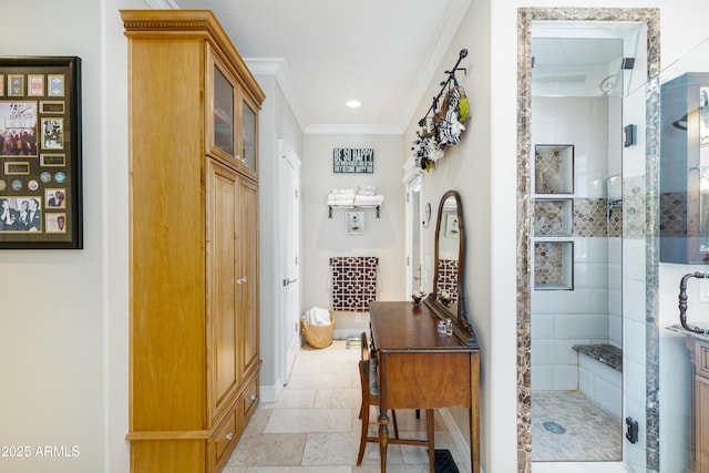 corridor with crown molding, stone finish floor, recessed lighting, and baseboards