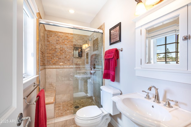 bathroom with a sink, toilet, and a shower stall