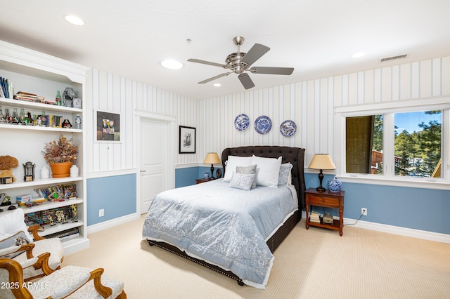 carpeted bedroom with recessed lighting, visible vents, baseboards, and wallpapered walls