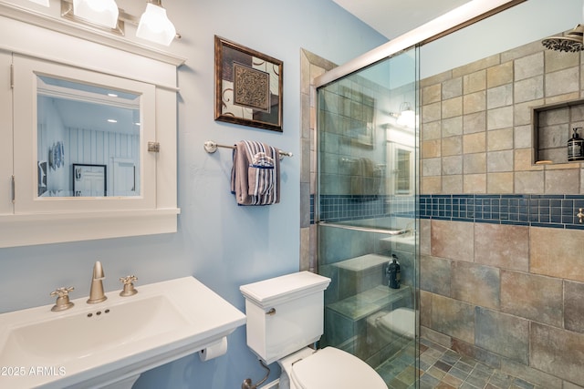 full bathroom featuring a sink, toilet, and a stall shower