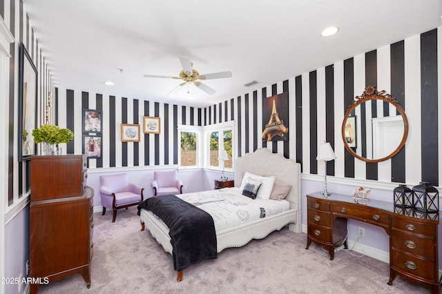 carpeted bedroom with recessed lighting, visible vents, baseboards, and wallpapered walls