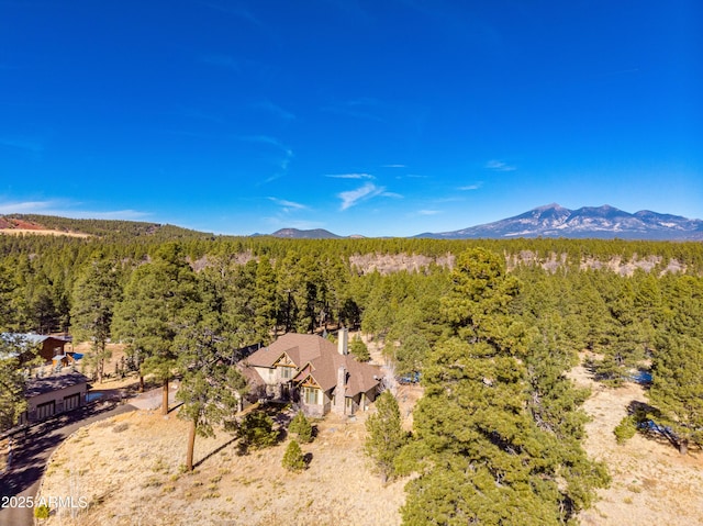aerial view with a mountain view and a view of trees
