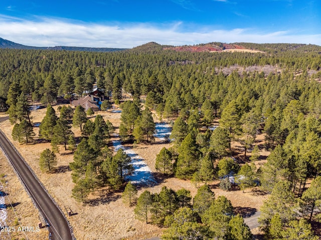 bird's eye view with a wooded view