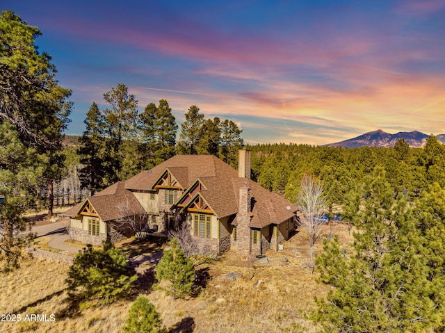 drone / aerial view with a view of trees and a mountain view
