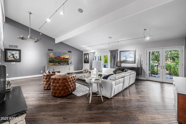 living area with plenty of natural light, wood-type flooring, baseboards, and french doors