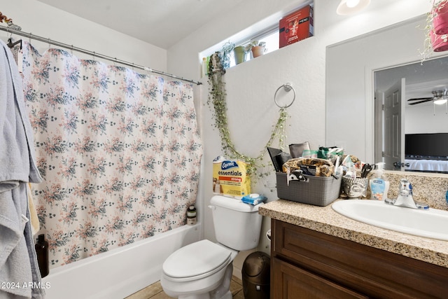 full bathroom with shower / bath combo with shower curtain, vanity, and toilet