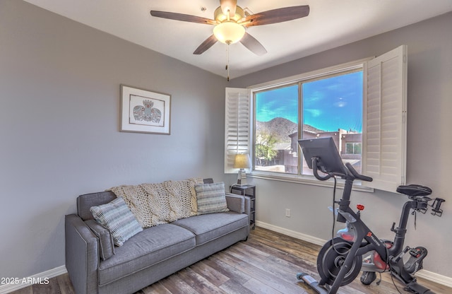 workout area featuring hardwood / wood-style floors and ceiling fan