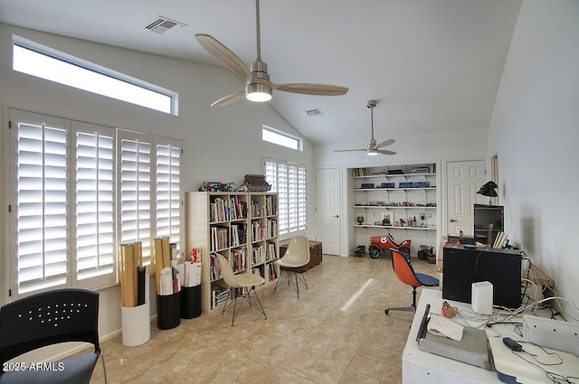 office with high vaulted ceiling, visible vents, and ceiling fan