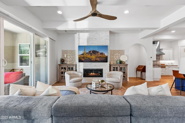 1948 W Paso Trl, Phoenix, AZ 85085 - living area with ceiling fan, light wood finished floors, recessed lighting, and a fireplace