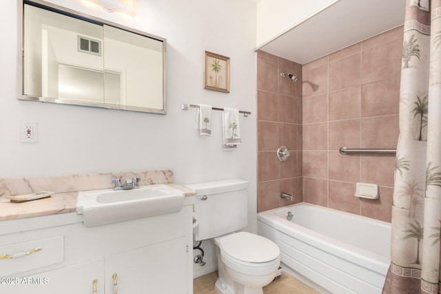 full bathroom with visible vents, shower / bath combo with shower curtain, toilet, tile patterned flooring, and vanity