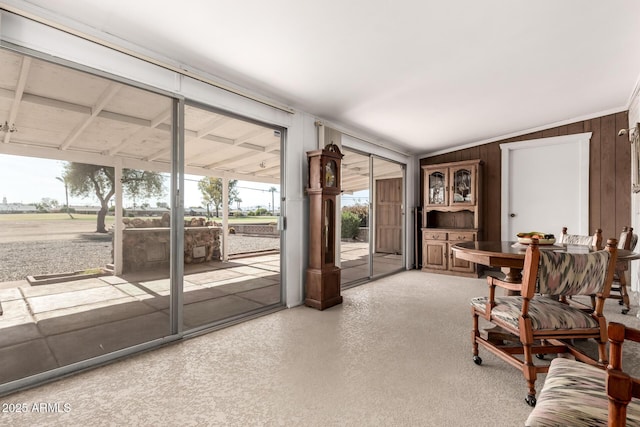 living area featuring vaulted ceiling and wood walls