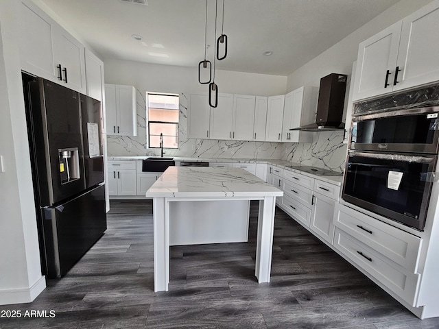 1401 S Rita Ln, Tempe, AZ 85281 - kitchen featuring fridge with ice dispenser, wall chimney exhaust hood, stainless steel double oven, black electric cooktop, and white cabinets