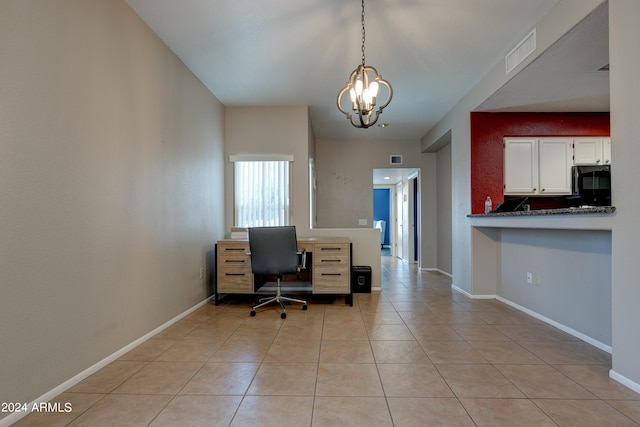 home office with light tile patterned floors, baseboards, visible vents, and an inviting chandelier