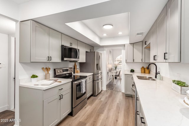 kitchen featuring sink, stainless steel appliances, a raised ceiling, light stone counters, and light hardwood / wood-style floors