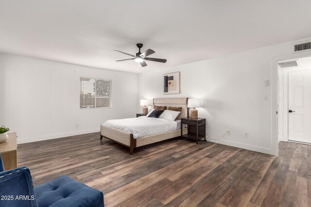 bedroom featuring ceiling fan and dark wood-type flooring